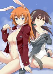 Rule 34 | 2girls, animal ears, arm support, ass, blue eyes, blush, breasts, brown eyes, brown hair, charlotte e. yeager, dog ears, gertrud barkhorn, grin, jacket, long hair, maruto!, medium breasts, multiple girls, navel, nipples, open clothes, open shirt, orange hair, rabbit ears, rabbit girl, shirt, sitting, smile, strike witches, world witches series