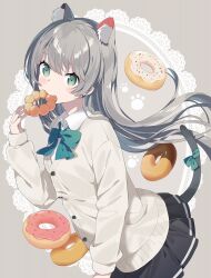 Rule 34 | 1girl, animal ear fluff, animal ears, black skirt, blush, bow, bowtie, buttons, cardigan, cat ears, cat tail, collared shirt, doily, doughnut, food, green bow, green bowtie, green eyes, grey background, grey hair, highres, long hair, long sleeves, mouth hold, original, pleated skirt, shirt, skirt, solo, tail, tantan men (dragon), white cardigan, white shirt