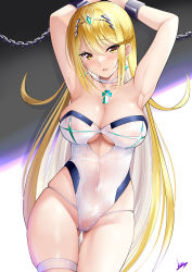 Rule 34 | 1girl, absurdres, armpits, arms up, blonde hair, bound, bound wrists, breasts, chain, chained wrists, cleavage, cleavage cutout, clothing cutout, daive, gluteal fold, highres, large breasts, leotard, mythra (xenoblade), navel, see-through, skin tight, skindentation, solo, swimsuit, thick thighs, thigh gap, thigh strap, thighs, xenoblade chronicles (series), xenoblade chronicles 2, yellow eyes