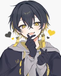 Rule 34 | 1boy, bishounen, black gloves, black hair, blonde hair, commentary, earrings, eyelashes, facing viewer, gloves, hair between eyes, heart, highres, holostars, hood, hoodie, jewelry, looking at viewer, male focus, open mouth, short hair, smile, solo, symbol-only commentary, totoko (uchu u9), upper body, virtual youtuber, white background, yatogami fuma, yellow eyes