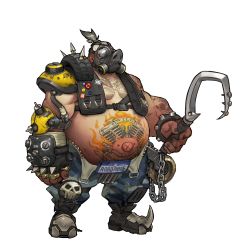 Rule 34 | 1boy, arnold tsang, chain, english text, fat, fat man, fingerless gloves, full body, gas mask, gloves, grapnel, highres, huge filesize, male focus, mask, official art, overwatch, overwatch 1, pig tattoo, roadhog (overwatch), single glove, skull, solo, spikes, standing, stomach tattoo, tattoo, tire, topless male, transparent background, weapon, white hair