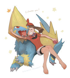 Rule 34 | 1girl, bandana, barefoot, bike shorts, brown hair, commentary request, creatures (company), fangs, food, food on face, game freak, gen 3 pokemon, grin, happy, highres, holding, kikuyoshi (tracco), knees, knees together feet apart, long hair, manectric, may (pokemon), nintendo, open mouth, poffin, pokemon, pokemon (creature), pokemon rse, red bandana, red shirt, shirt, short sleeves, signature, skirt, smile, teeth, toes, tongue, white background, white skirt