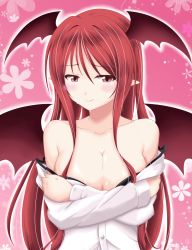 Rule 34 | 1girl, bat wings, black bra, blush, bra, breasts, cleavage, collarbone, dress shirt, embarrassed, head wings, highres, koakuma, large breasts, long hair, long sleeves, multiple wings, off shoulder, pink background, pointy ears, red eyes, red hair, reimei (r758120518), shirt, slit pupils, smile, solo, touhou, underwear, undressing, upper body, white shirt, wings