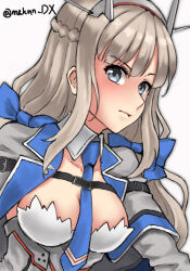 Rule 34 | 1girl, between breasts, blue bow, blue necktie, bow, braid, breasts, capelet, dress, french braid, grey capelet, grey dress, grey eyes, headgear, highres, kantai collection, large breasts, light brown hair, long hair, low twintails, maakun (makun dx), maryland (kancolle), multicolored capelet, necktie, one-hour drawing challenge, radio antenna, simple background, sleeveless, sleeveless dress, solo, twintails, twitter username, upper body, white background