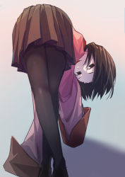Rule 34 | 1girl, absurdres, bakemonogatari, bent over, black eyes, black footwear, black hair, black pantyhose, black skirt, commentary, crossed legs, empty eyes, from behind, gradient background, green background, highres, leaning forward, long sleeves, looking at viewer, monogatari (series), myuga66666, naoetsu high school uniform, oshino ougi, oversized clothes, pale skin, pantyhose, parted lips, pink background, pink shirt, pleated skirt, school uniform, shaded face, shadow, shirt, short hair, skirt, sleeves past fingers, sleeves past wrists, smile, solo, upside-down