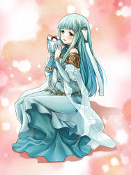 Rule 34 | 1girl, aqua hair, bare shoulders, blue dress, blush, bridal gauntlets, dress, fingerless gloves, fire emblem, fire emblem: the blazing blade, full body, gift, gift bag, gloves, hair ornament, highres, long hair, looking at viewer, ninian, nintendo, open mouth, pink background, red eyes, smile, solo, veil, yuino (fancy party)