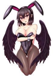 Rule 34 | 1girl, alternate costume, alternate eye color, animal ears, areola slip, arm behind back, bad id, bad pixiv id, bird wings, black footwear, black hair, black leotard, black wings, blush, breasts, cleavage, collarbone, colored eyelashes, fake animal ears, fishnet pantyhose, fishnets, full body, gluteal fold, hair between eyes, head tilt, highres, impossible clothes, impossible leotard, large breasts, legs up, leotard, looking at viewer, navel, open mouth, pantyhose, pink eyes, playboy bunny, pointy ears, rabbit ears, shameimaru aya, shiny clothes, shiny skin, shoes, short hair, skindentation, smile, solo, thighs, tongue, touhou, wide hips, wings, wrist cuffs, zellam