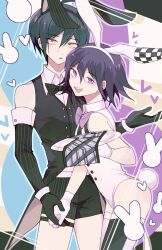 Rule 34 | 2boys, :d, ahoge, animal ears, asymmetrical legwear, bare shoulders, black background, black bow, black bowtie, black gloves, black hair, black thighhighs, black vest, bow, bowtie, collared shirt, danganronpa (series), danganronpa v3: killing harmony, elbow gloves, fake animal ears, gloves, hair between eyes, heart, highres, male focus, male playboy bunny, mismatched legwear, multicolored background, multiple boys, muri (muriiiimu), oma kokichi, open mouth, outline, pink background, pink eyes, purple hair, rabbit ears, rabbit tail, saihara shuichi, shirt, short hair, smile, striped clothes, striped gloves, tail, teeth, thighhighs, upper teeth only, vest, white background, white outline, white shirt, white thighhighs