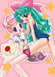 Rule 34 | + +, 2girls, ^ ^, ahoge, apron, ass, back, barefoot, bird, blue eyes, bow, buruma, chibi, closed eyes, comet (character), comet (comet-san), cosmic baton girl comet-san, dog, feet, flat chest, from behind, green hair, gym uniform, hair bow, hair ornament, kneeling, la valmot provone, leg lift, legs, long hair, looking back, meteor (comet-san), midriff, moo weizen knoedel, multiple girls, one-piece swimsuit, onodera kazumi, parted bangs, pink bow, pink hair, red eyes, school swimsuit, short hair, sitting, star (symbol), striped, striped background, swimsuit, wavy hair