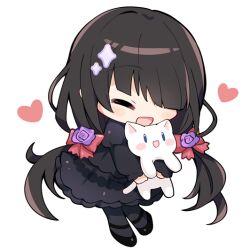 Rule 34 | 1girl, animal, asle, black dress, black footwear, black hair, cat, chibi, commentary, date a live, dress, english commentary, flower, full body, hair flower, hair ornament, hair over one eye, happy, heart, holding, holding animal, holding cat, low twintails, open mouth, smile, solo, tokisaki kurumi, twintails