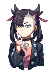 Rule 34 | 1girl, asymmetrical bangs, bad id, bad pixiv id, black choker, black hair, black jacket, black nails, choker, commentary request, creatures (company), dress, earrings, game freak, green eyes, hair ribbon, highres, index finger raised, jacket, jewelry, komame (st beans), long sleeves, looking to the side, marnie (pokemon), nail polish, nintendo, open clothes, pink dress, pokemon, pokemon swsh, red ribbon, ribbon, simple background, solo, upper body, white background