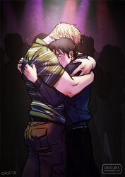 Rule 34 | 2boys, ass, bara, black hair, blonde hair, brown pants, collared shirt, couple, cris art, crowd, denim, feet out of frame, hug, hulkling, jeans, long sideburns, male focus, marvel, multiple boys, mutual hug, pants, shirt, short hair, sideburns, spotlight, standing, thick eyebrows, toned, toned male, wiccan, yaoi
