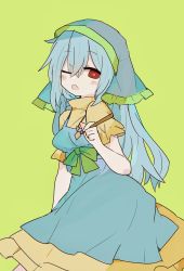 Rule 34 | 1girl, 76gpo, ;o, apron, blue hair, dress, green apron, green background, green headwear, haniyasushin keiki, head scarf, highres, long hair, looking at viewer, one eye closed, red eyes, simple background, solo, touhou, wood carving tool, yellow dress