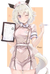 Rule 34 | 1girl, alternate costume, animal ears, beamed eighth notes, blush, breasts, buttons, clipboard, closed mouth, collared jacket, cowboy shot, curren chan (umamusume), double-breasted, eighth note, grey hair, hat, highres, holding, holding clipboard, holding syringe, horse ears, horse girl, horse tail, jacket, kannagiray, looking at viewer, medium breasts, musical note, name tag, nurse, nurse cap, one eye closed, pink jacket, purple eyes, sash, short hair, short sleeves, smile, solo, standing, syringe, tail, tongue, tongue out, twitter username, umamusume