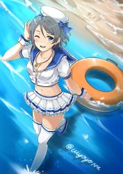 Rule 34 | 1girl, ;d, artist name, beach, blue eyes, blue footwear, bow, breasts, cleavage, dated, day, earrings, from above, full body, grey hair, groin, hand in own hair, hat, holding, innertube, jewelry, kouno (uiyoyo199), leg up, love live!, love live! school idol festival, love live! sunshine!!, medium breasts, midriff, miniskirt, navel, necklace, one eye closed, open mouth, pleated skirt, shirt, short hair, short sleeves, skirt, smile, solo, stomach, swim ring, thighhighs, wading, walking, watanabe you, white bow, white hat, white shirt, white skirt, white thighhighs, wrist cuffs