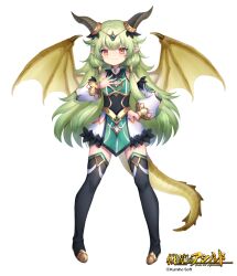 Rule 34 | 1girl, black thighhighs, brown eyes, copyright notice, covered navel, dragon girl, dragon horns, dragon tail, dragon wings, full body, green hair, hi-na1, horns, long hair, official art, pointy ears, simple background, smile, standing, tail, thighhighs, war of ashird, white background, wings
