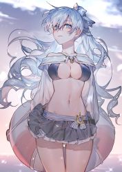 Rule 34 | 1girl, anastasia (fate), anastasia (swimsuit archer) (fate), anastasia (swimsuit archer) (third ascension) (fate), arms behind back, bikini, blue eyes, bow, breasts, check copyright, cleavage, closed mouth, cloud, collarbone, commentary, copyright request, cowboy shot, fate/grand order, fate (series), grey bow, hair bow, hair ornament, highres, holding, holding swim ring, innertube, jewelry, large breasts, long hair, looking at viewer, miniskirt, navel, necklace, pleated skirt, ponytail, see-through, skirt, solo, star (symbol), star necklace, stomach, swim ring, swimsuit, tefco