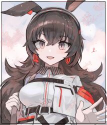 Rule 34 | 1girl, :d, animal ears, april (arknights), arknights, black hairband, blush, breasts, brown eyes, brown hair, commentary, gloves, hair between eyes, hairband, hands up, highres, jacket, long hair, looking at viewer, medium breasts, noshima, open mouth, rabbit ears, smile, solo, upper body, white gloves, white jacket