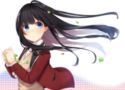 Rule 34 | 1girl, ao no neko, black hair, blazer, blue eyes, clover, collared shirt, commentary request, floating hair, four-leaf clover, from side, gradient background, holding, holding leaf, jacket, leaf, long hair, long sleeves, looking to the side, original, parted lips, school uniform, shirt, solo, sweater, upper body, white background, white shirt