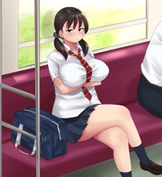 Rule 34 | annoyed, arms under breasts, bag, black skirt, black socks, blue eyes, blush, breasts, brown hair, closed mouth, collared shirt, crossed arms, crossed legs, freckles, highres, large breasts, legs, looking at viewer, medium hair, necktie, oozon (ozon), original, pleated skirt, red necktie, school bag, school uniform, scrunchie, shirt, shoes, short twintails, sitting, skirt, socks, striped necktie, striped neckwear, train interior, twintails, v-shaped eyebrows, white shirt