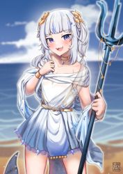 Rule 34 | 1girl, absurdres, akaharuu, beach, blue eyes, blue hair, blush, fins, fish tail, gawr gura, gawr gura (party dress), hair ornament, highres, hololive, hololive english, looking at viewer, multicolored hair, open mouth, polearm, shark tail, sharp teeth, silver hair, smile, solo, streaked hair, tail, teeth, toga, trident, virtual youtuber, weapon