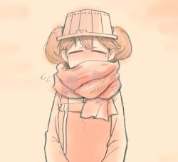 Rule 34 | 1girl, blush, brown hair, covered mouth, closed eyes, flying sweatdrops, japanese clothes, kantai collection, kariginu, minpou (nhk), red scarf, ryuujou (kancolle), scarf, scarf over mouth, solo, twintails, upper body, visor cap