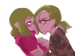 Rule 34 | 1boy, 1girl, arm grab, bikini, black-framed eyewear, blue eyes, blunt bangs, blush, camouflage, camouflage bikini, closed mouth, commentary request, from side, frown, glasses, green hair, green jacket, hair ornament, hair scrunchie, hetero, highres, inkling, inkling boy, inkling girl, inkling player character, jacket, leaning back, leaning forward, long sleeves, looking at another, maimo, medium hair, nintendo, pink jacket, pointy ears, ponytail, scrunchie, simple background, splatoon (series), splatoon 2, sweatdrop, swimsuit, tentacle hair, white background, white scrunchie, yellow eyes