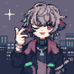 Rule 34 | 1boy, ;d, ahoge, black jacket, black sweater, brown eyes, chibi, fuwa minato, grey hair, hand up, jacket, kiduta cielo, long sleeves, looking at viewer, lowres, male focus, multicolored hair, night, nijisanji, one eye closed, open clothes, open jacket, open mouth, outdoors, pixel art, puffy long sleeves, puffy sleeves, red hair, ribbed sweater, smile, solo, streaked hair, sweater, turtleneck, turtleneck sweater, upper body, virtual youtuber, w