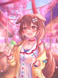 Rule 34 | 1girl, :3, absurdres, animal collar, animal ears, blush, bone hair ornament, bracelet, braid, breasts, brown eyes, brown hair, choukoillust, collar, commentary, dog ears, dog girl, dog tail, double-parted bangs, dress, english commentary, fangs, festival, fingernails, food, food stand, hair between eyes, hair ornament, hairclip, highres, hishimochi, hololive, inugami korone, inugami korone (1st costume), jacket, jewelry, lace, lace-trimmed panties, lace trim, large breasts, long hair, looking at viewer, low twin braids, mochi, off shoulder, open clothes, open jacket, open mouth, panties, red collar, short dress, signature, sleeveless, sleeveless dress, solo, tail, twin braids, underwear, virtual youtuber, white dress, yellow jacket