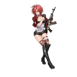 Rule 34 | 1girl, aiguillette, assault rifle, asymmetrical hair, belt, benghuai xueyuan, black footwear, black gloves, black shorts, blazer, boots, breasts, brown thighhighs, cleavage, cropped jacket, crossover, full body, girls&#039; frontline, gloves, gun, half gloves, high heel boots, high heels, holding, holding gun, holding weapon, honkai (series), infukun, jacket, knee boots, looking at viewer, medium breasts, mole, mole on breast, murata himeko (benghuai xueyuan), official art, open clothes, open jacket, parted lips, red hair, rifle, shadow, short shorts, shorts, sleeves rolled up, solo, thigh strap, thighhighs, torn clothes, torn thighhighs, transparent background, weapon, yellow eyes