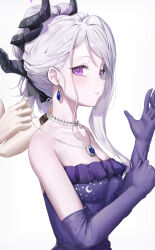 Rule 34 | 2girls, absurdres, adjusting another&#039;s hair, adjusting clothes, adjusting gloves, ako (blue archive), bare shoulders, blue archive, blush, breasts, cleavage, collarbone, commentary, cuffs, demon horns, dress, earrings, gloves, grey hair, highres, hina (blue archive), hina (dress) (blue archive), horns, jewelry, looking at viewer, multiple girls, multiple horns, necklace, official alternate costume, purple dress, purple eyes, renge (730), shackles, sideways glance, simple background, small breasts, solo focus, strapless, strapless dress, symbol-only commentary, upper body, white background