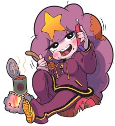 Rule 34 | 1girl, adventure time, beans, big hair, black eyes, black legwear, blush stickers, breasts, campfire, cartoon network, cellphone, earrings, eating, food, food on face, gashi-gashi, jewelry, long hair, lumpy space princess, medium breasts, messy hair, no nose, open mouth, personification, phone, pink hair, plump, poverty, purple hair, simple background, sitting, smile, solo, star (symbol), track suit, very long hair, white background