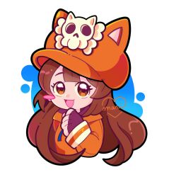 1girl :3 :d animal_ears animal_hat black_gloves blush_stickers brown_eyes brown_hair cabbie_hat cat_ears cat_hat commentary cropped_torso dot_nose english_commentary fake_animal_ears fingerless_gloves flat_chest gloves guilty_gear guilty_gear_strive hat hat_ornament highres hood hoodie long_hair long_sleeves looking_at_viewer marikyuunn may_(guilty_gear) open_mouth orange_hat orange_hoodie simple_background single_blush_sticker skull_and_crossbones skull_hat_ornament smile solo white_background