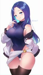 Rule 34 | 1girl, black thighhighs, blue eyes, blue hair, blue leotard, breasts, cawang, colored inner hair, fingerless gloves, fingernails, gloves, highres, jacket, large breasts, leotard, long hair, looking at viewer, multicolored hair, original, parted lips, simple background, solo, thigh gap, thighhighs, thighs, twitter username, two-tone hair, white background, white gloves, white jacket