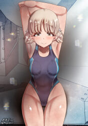Rule 34 | 1girl, aki (girls und panzer), blonde hair, blush, breasts, closed mouth, girls und panzer, green eyes, highres, looking at viewer, megadeko, short hair, small breasts, smile, solo, swimsuit, twintails