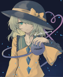 Rule 34 | 1girl, black hat, bow, closed mouth, collarbone, commentary, green eyes, green hair, hair over one eye, hat, hat bow, heart, heart of string, highres, komeiji koishi, kuro wa shinoru, long sleeves, looking at viewer, medium hair, short hair, simple background, solo, third eye, touhou, twitter username, upper body, yellow bow