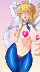 Rule 34 | 1girl, ahoge, animal ears, arms up, artoria pendragon (all), artoria pendragon (fate), artoria pendragon (swimsuit ruler) (fate), blonde hair, blue legwear, blue necktie, blush, braid, breasts, covered erect nipples, fate/grand order, fate (series), feather boa, fishnet legwear, fishnets, french braid, gloves, gradient background, green eyes, hair between eyes, heart maebari, heart pasties, highres, large breasts, long hair, long sleeves, looking at viewer, maebari, meme attire, navel, necktie, nt00, open mouth, pasties, ponytail, purple background, rabbit ears, revealing clothes, reverse bunnysuit, reverse outfit, shrug (clothing), sidelocks, smile, solo, thighs, tiara, white gloves, wrist cuffs