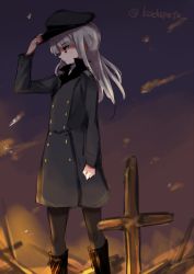 Rule 34 | 1girl, bad id, bad twitter id, blonde hair, fire, gradient background, grete m. gollob, hat, kodamari, long coat, long hair, long sleeves, military, military uniform, pantyhose, red eyes, solo, strike witches, twitter username, uniform, world witches series