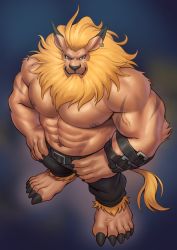 Rule 34 | 1boy, abs, absurdres, animal ears, bara, blonde hair, blue eyes, brown fur, digimon, digimon (creature), earrings, furry, furry male, highres, hoobie wah! (thegoodbyed), jewelry, large pectorals, leomon, lion boy, lion ears, lion tail, looking at viewer, male focus, medium hair, muscular, muscular male, navel, nipples, pectorals, scar, scar on arm, topless male, smile, solo, stomach, tail
