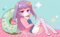 Rule 34 | 1girl, alternate hairstyle, bad id, bad pixiv id, blush, crescent, crescent hair ornament, doughnut, food, hair ornament, jitome, mashiro miru, one-piece swimsuit, parka, patchouli knowledge, purple eyes, purple hair, school swimsuit, sitting, solo, striped clothes, striped thighhighs, swimsuit, thighhighs, touhou, twintails, two side up