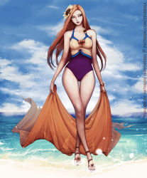 Rule 34 | 1girl, absurdres, bare legs, beach, bracelet, breasts, brown eyes, brown hair, cameltoe, cleavage, cloud, day, feversea, flower, full body, hair flower, hair ornament, highres, jewelry, league of legends, crossed legs, leona (league of legends), long hair, long legs, matching hair/eyes, medium breasts, one-piece swimsuit, pool party leona, purple one-piece swimsuit, sandals, sarong, unworn sarong, smile, solo, standing, sunflower, swimsuit