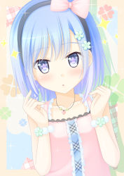 Rule 34 | + +, 1girl, :&lt;, bad id, bad nicoseiga id, bare arms, blue eyes, blue hair, blush, center frills, frills, fuyu urara, glint, hairband, heart, jewelry, looking at viewer, matching hair/eyes, necklace, original, sleeveless, solo, sparkle, star-shaped pupils, star (symbol), symbol-shaped pupils, triangle mouth, upper body