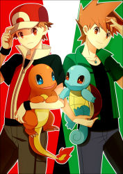 Rule 34 | 2boys, baseball cap, blue oak, brown hair, charmander, closed mouth, commentary request, creatures (company), flame-tipped tail, game freak, gen 1 pokemon, green shirt, hat, himari g (sr), holding, holding pokemon, jacket, jewelry, looking at viewer, male focus, multiple boys, necklace, nintendo, pants, pokemon, pokemon (creature), pokemon origins, red (pokemon), red eyes, shirt, short sleeves, spiked hair, squirtle, zipper pull tab