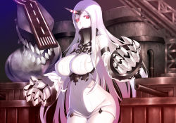 Rule 34 | 10s, 1girl, abyssal ship, bare shoulders, breasts, claws, covered erect nipples, detached sleeves, dress, highres, horns, kantai collection, large breasts, long hair, looking at viewer, pale skin, red eyes, ribbed dress, seaport princess, short dress, sideboob, single horn, solo, very long hair, white hair, yazaki yuuji