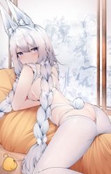 Rule 34 | + +, 1girl, absurdres, animal ear fluff, animal ears, ass, azur lane, backless leotard, blue eyes, braid, butt crack, commentary request, dated commentary, eyes visible through hair, fake animal ears, hair between eyes, highres, indoors, le malin (azur lane), le malin (listless lapin) (azur lane), leotard, long hair, looking at viewer, looking back, lying, manjuu (azur lane), official alternate costume, on stomach, pantyhose, playboy bunny, rabbit ears, rabbit tail, samip, silver hair, solo, tail, twin braids, very long hair, white leotard, white pantyhose