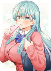 Rule 34 | 1girl, aqua eyes, aqua hair, bag, blue bow, blue bowtie, blush, bow, bowtie, breasts, buttons, cardigan, cellphone, collared shirt, grin, hair between eyes, hair ornament, hairclip, heart, holding, holding phone, kantai collection, large breasts, long hair, long sleeves, looking at viewer, official alternate costume, phone, pink cardigan, rui shi (rayze ray), school bag, school uniform, shirt, smartphone, smile, solo, spoken heart, suzuya (kancolle), upper body, white shirt
