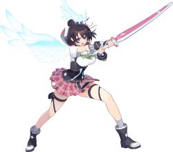 Rule 34 | &gt;:o, 1girl, akari hoshiyama, angel rock:feel girls emotion, black footwear, boots, breasts, brown hair, fighting stance, full body, hair bun, halo, holding, holding sword, holding weapon, large breasts, medium hair, official art, pink skirt, plaid, plaid skirt, single hair bun, skirt, solo, standing, sword, transparent background, v-shaped eyebrows, weapon, white wings, wings