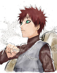 Rule 34 | 1boy, closed mouth, facepaint, gaara (naruto), geokinesis, gourd, green eyes, highres, long sleeves, looking to the side, naruto (series), naruto shippuuden, ninja, no eyebrows, pinoko (pnk623), red hair, red shirt, sand, shirt, short hair, simple background, solo, white background