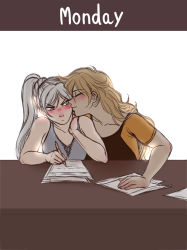 Rule 34 | 2girls, alternate costume, angry, annoyed, bare arms, blonde hair, blue eyes, blush, kissing cheek, couple, closed eyes, female focus, highres, homework, kiss, long hair, looking at another, multiple girls, murasaki-yuri, paper, pen, rwby, short sleeves, side ponytail, silver hair, smile, table, weiss schnee, writing, yang xiao long, yuri