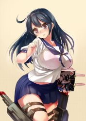 Rule 34 | 10s, 1girl, black hair, blush, bra, breasts, brown eyes, female focus, floral print, gen (black factory), highres, holding, kantai collection, large breasts, long hair, midriff, open mouth, pleated skirt, school uniform, see-through, serafuku, skirt, solo, thigh strap, thighs, underwear, ushio (kancolle)